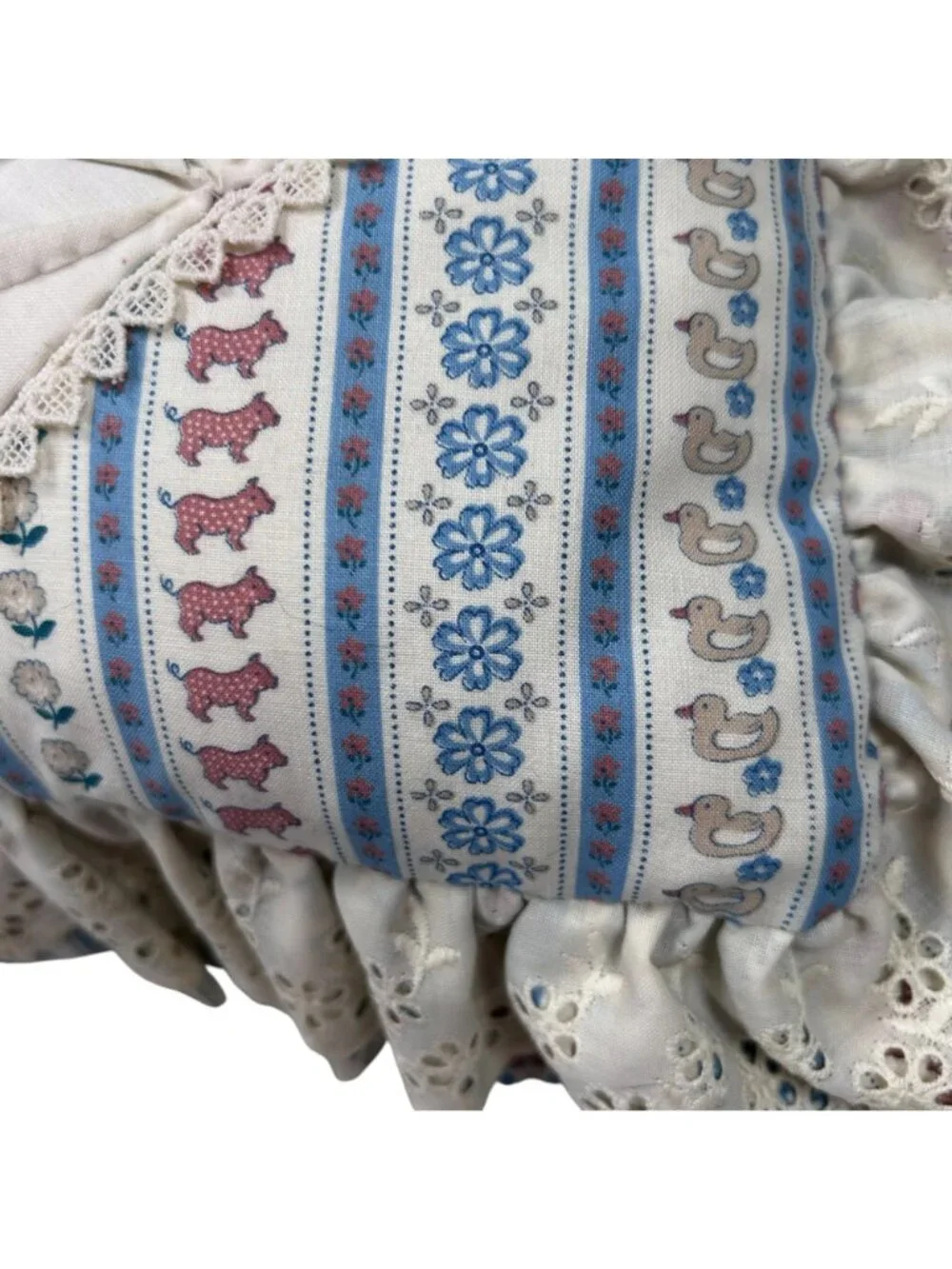 Vtg Quilted Throw Pillow Cottage Ruffle Pig Ducks Floral Country